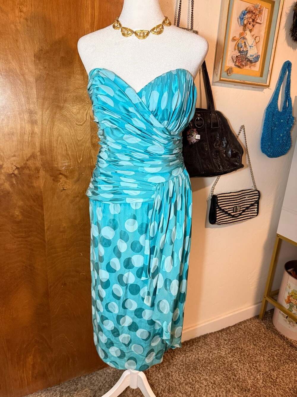 Vintage A.J. Bari Strapless Silk Polka Dot Midi Dress